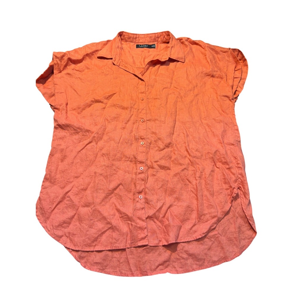 Lauren Ralph Lauren Orange 100% Linen Button Down Shirt XXL Cap Sleeve High Low